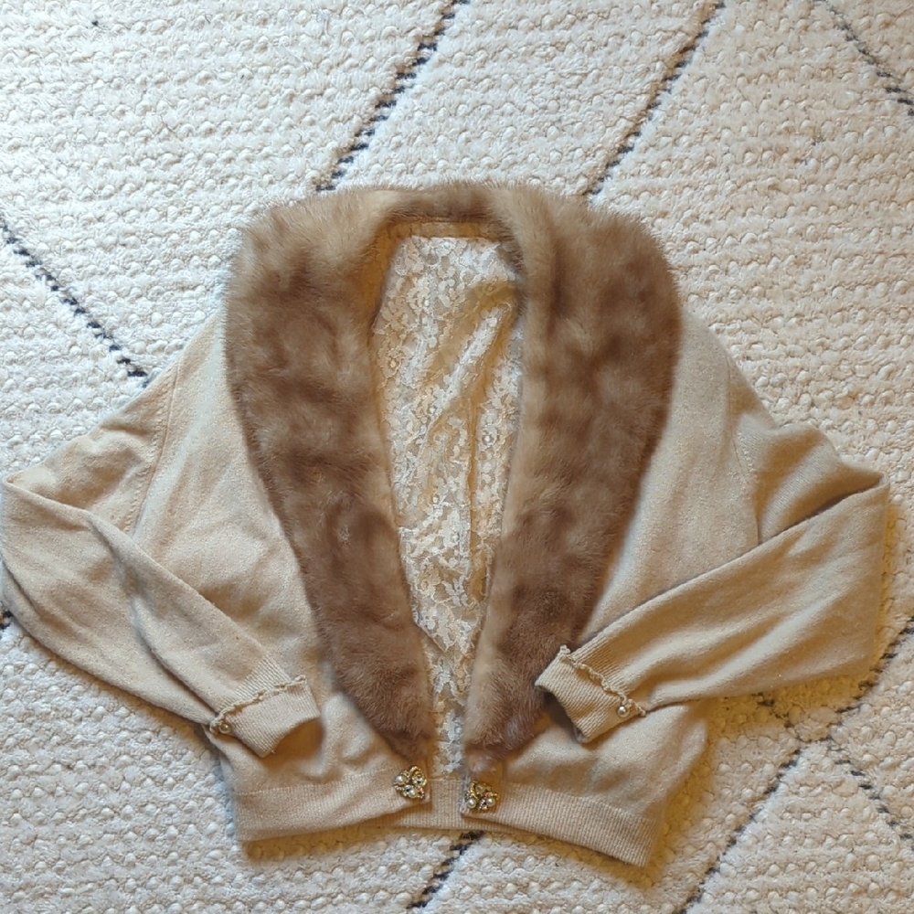 Elegant Cream Sweater with Fur Collar